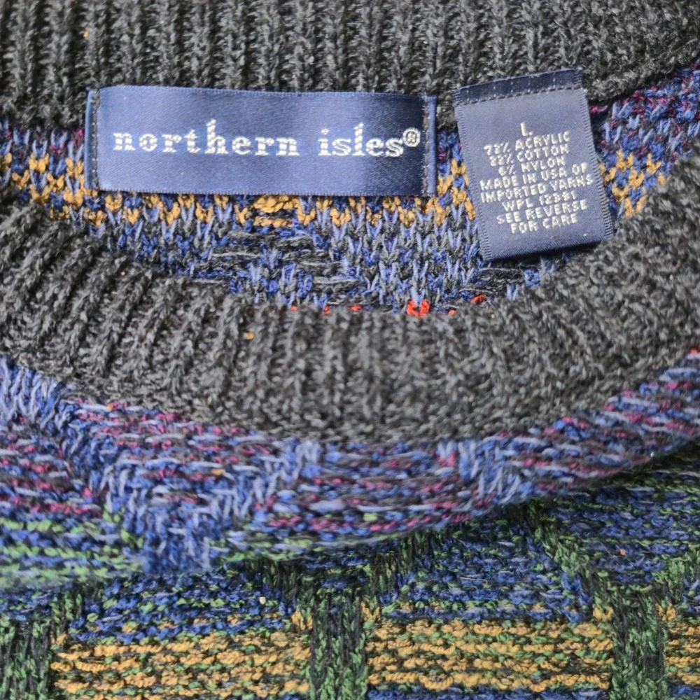 VTG Northern Isles Sweater Multi Color Men Large Geometric Knit Crewneck USA EUC
